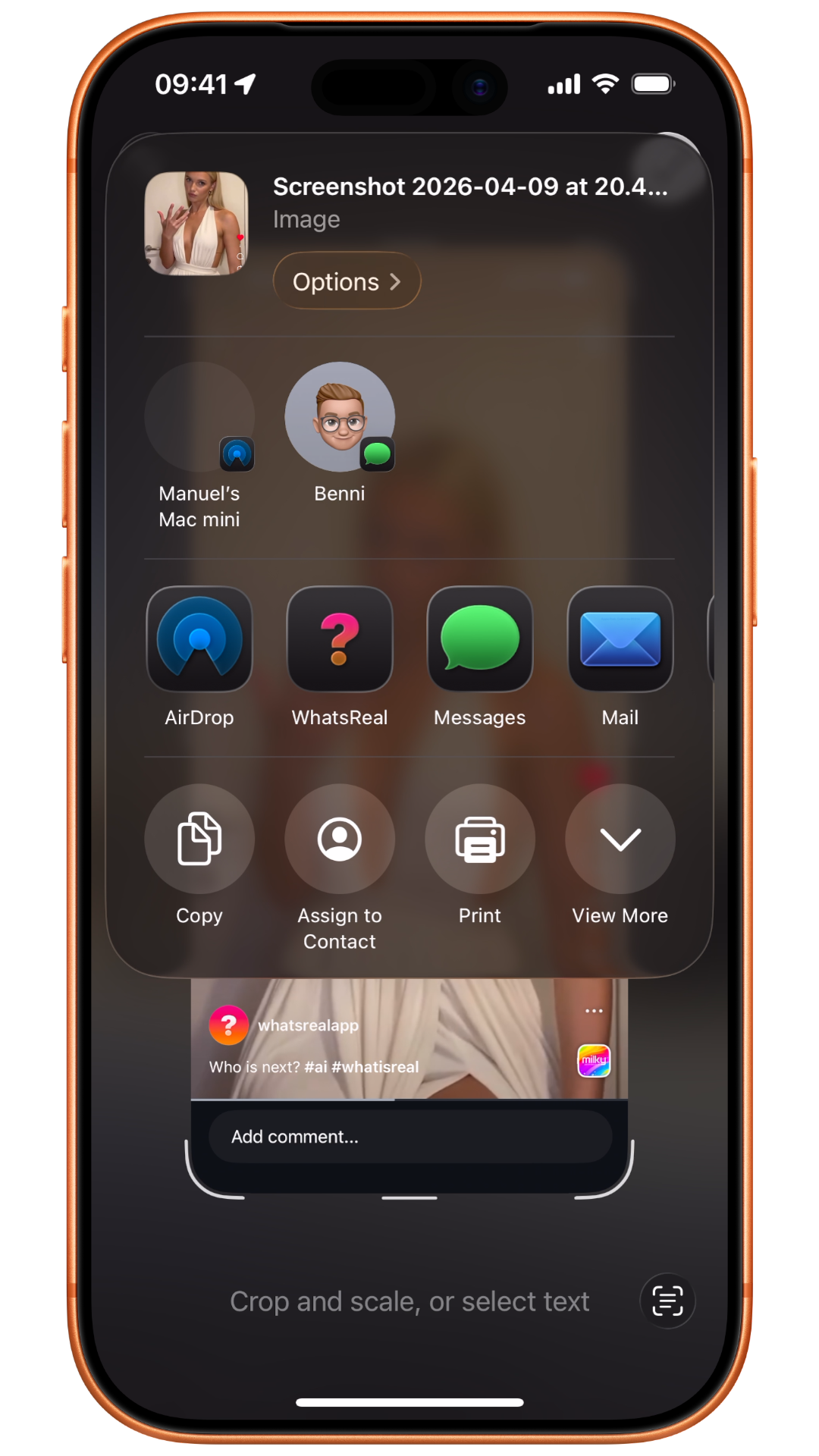 iPhone showing the iOS share sheet with WhatsReal selected