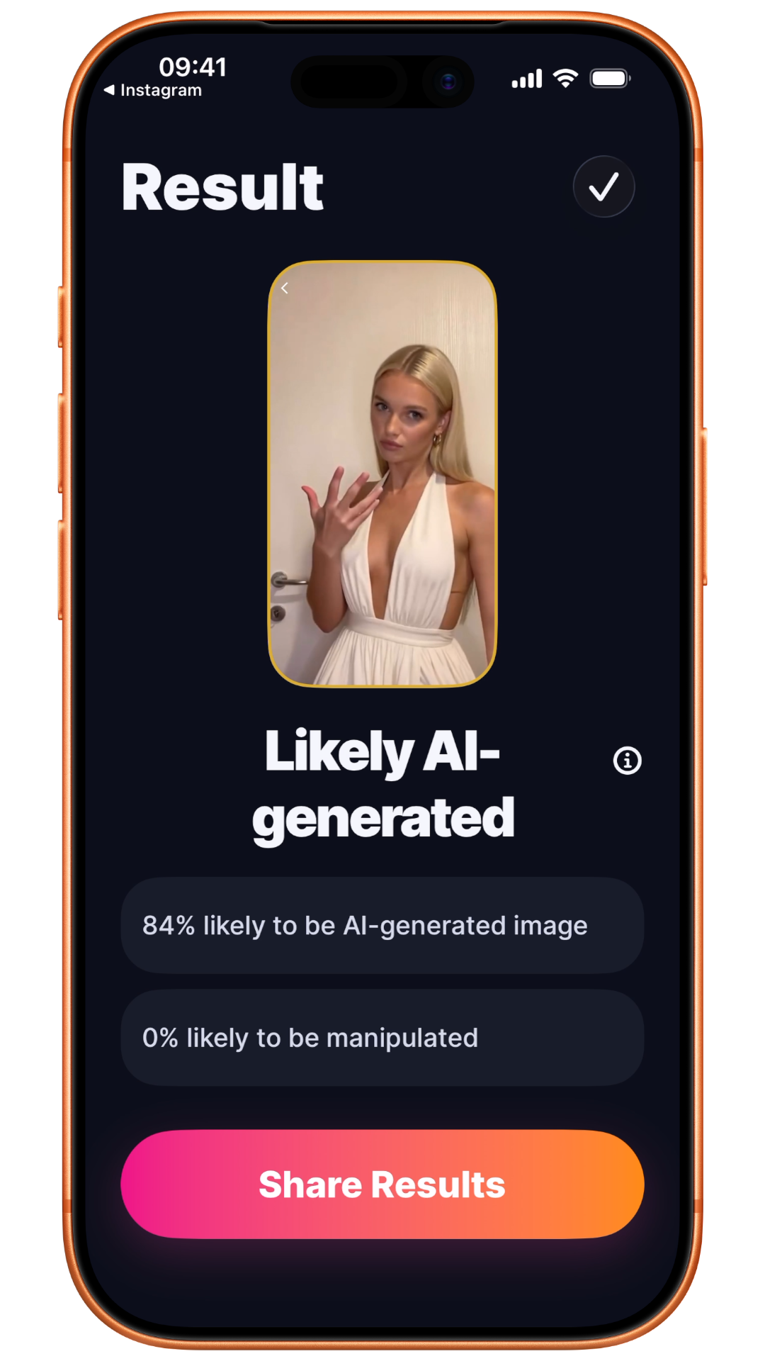 iPhone showing the final WhatsReal verdict with confidence score breakdown